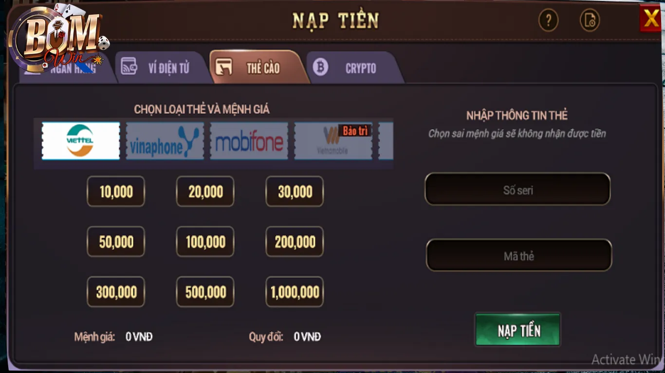 Nạp Tiền BomWin – Siêu Tốc, An Toàn, Không Gián Đoạn Trải Nghiệm 4 Nạp tiền BomWin thông qua kênh thẻ cào điện thoại