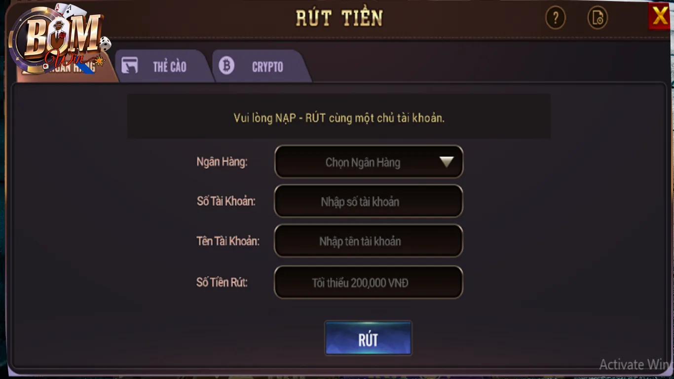 Rút tiền BomWin qua ngân hàng trực tuyến