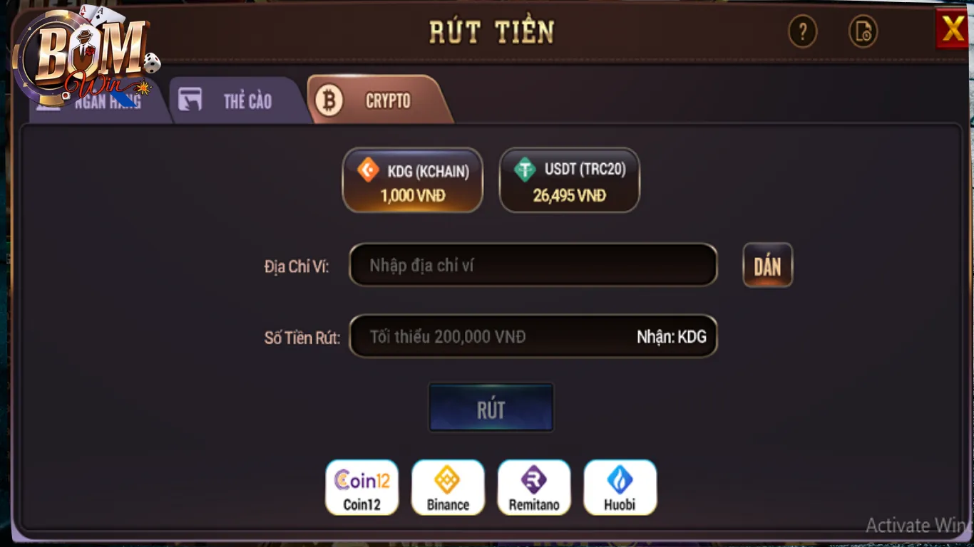Rút tiền BomWin qua kênh tiền ảo